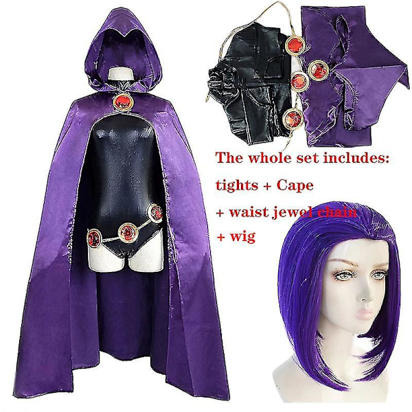 Teen Titans Raven Cosplay Kostym Superhjälte Kapp Jumpsuits Zentai Halloween Åtsittande Kläder + Kapp + Midje Smycke Kedja-e Costume and wig XL