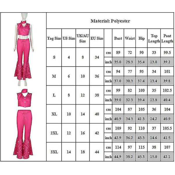 Kvinnors Barbie Cosplay Kostym 70-tal 80-tal Hippie Cowgirl Outfits Set Väst Topp + Byxa + Slips Halloween Fest Fancy Dress Up S