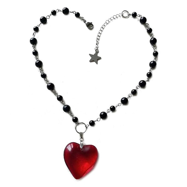 Rött Glas Hjärta Hänge Halsband Punk Rock Svarta Pärlor Kedjor Halsband