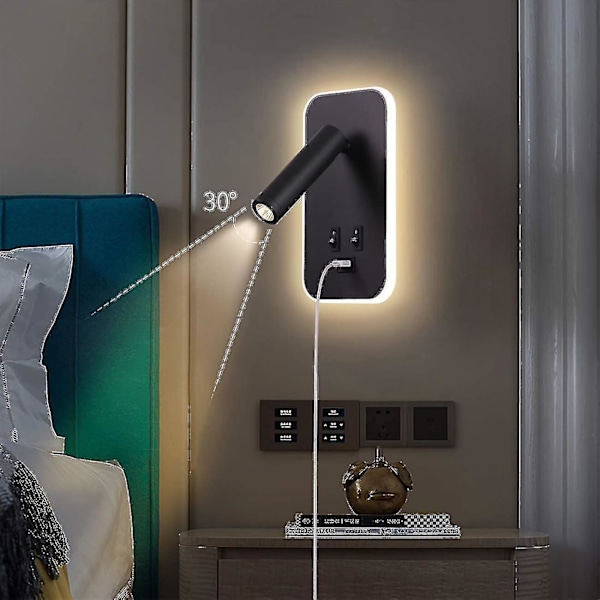 LED Vägglampa, Sängbord Läslampa Med Strömbrytare, USB Laddningsport, Sovrum Stämningsbelysning Justerbar Spotlight (3w 3000k + 9w 6000k) Svart[HkkK]