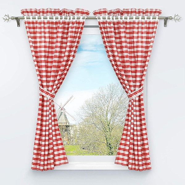 Uusi tuote, 2:n verhon setti, läpiviennit ja 2 ruudullinen ikkunakoriste sisätiloihin, makuuhuone, punainen, K/L 120/80cm