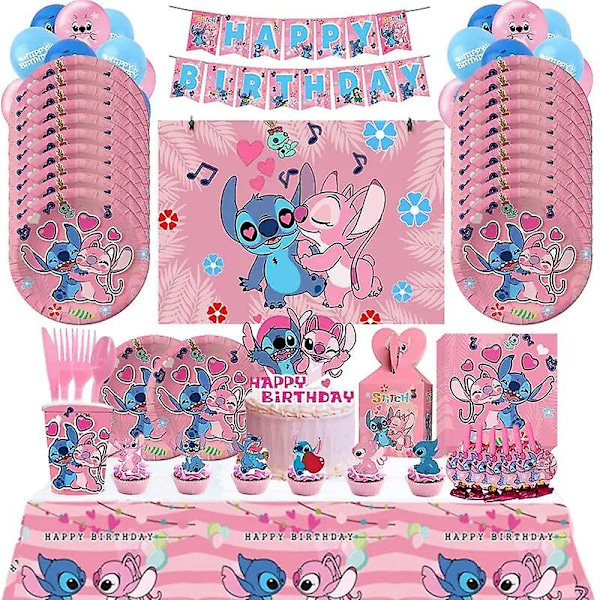 Rosa Stitch Födelsedagsfest Dekoration Lilo Och Stitch Tema Servis Ängel Ballonger Tallrikar Koppar Tillbehör För Barn Flickor (FMY)