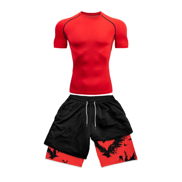 Herre Kompressionssæt Sports Fitness Hurtigtørrende Sæt Stramt Kortærmet Anime Dobbelt Lag Shorts Sommer red XL