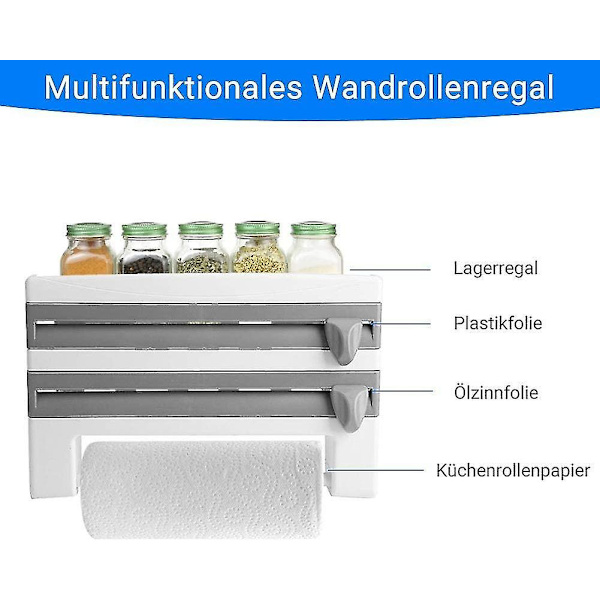 Foil ja kelmun pidike, paperiteline terävillä terillä ja säilytystelineellä, keittiöön ja kylpyhuoneeseen