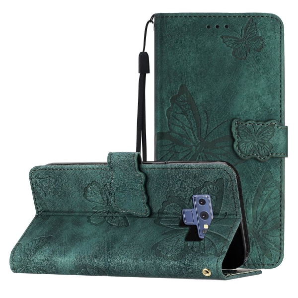 Kompatibel med Samsung Galaxy Note 9 Embossed Butterfly Case med lommebok og kickstand deksel [DM] Green