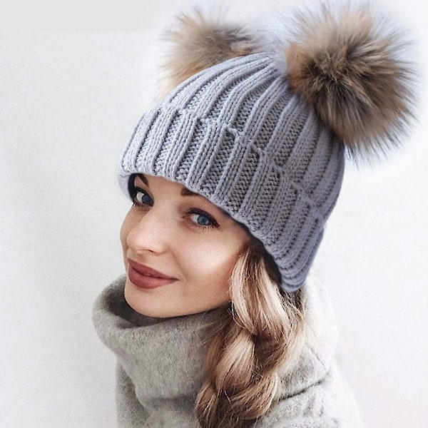 Naisten Talvi Kaksois Pom Pom Pipo Fleece Vuorattu Bobble Hat Neulotu Faux Fur Pom