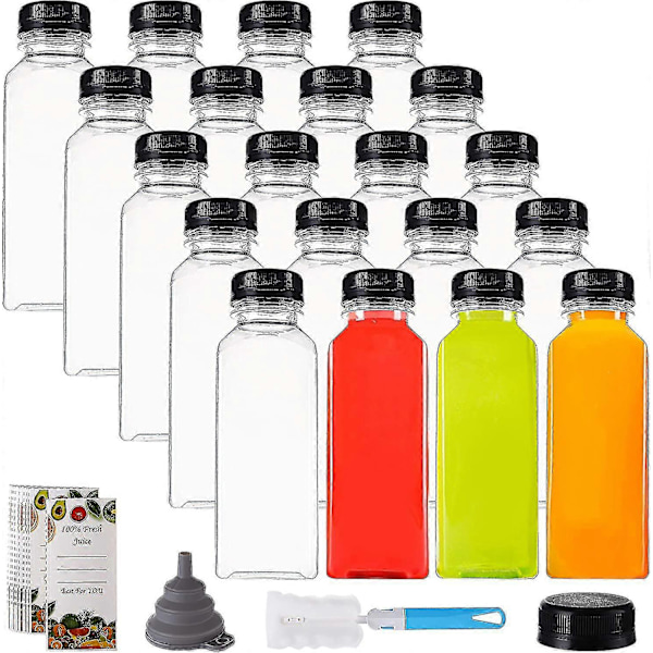 20-pack 12oz Plastflaskor för Juice med Svart Lock, Genomskinliga Återanvändbara Behållare med Lock, Perfekta Engångsflaskor för Juice, Mjölk, Salladsdressing