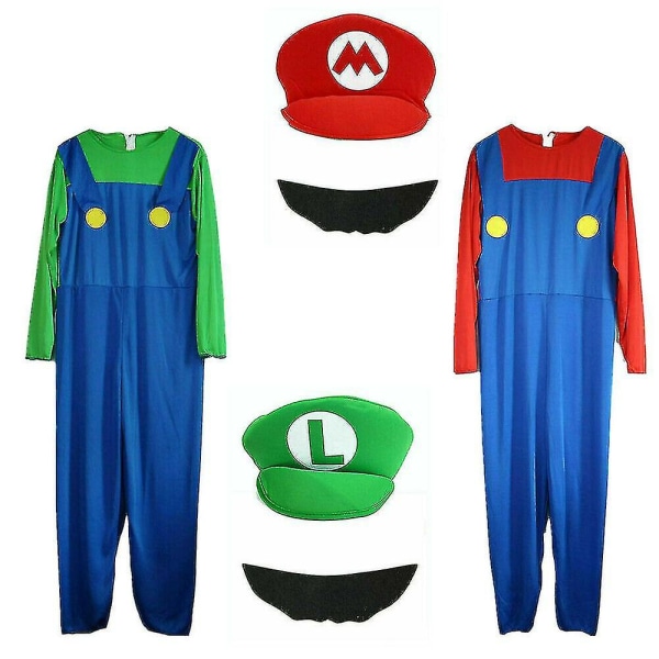 Män Vuxen Super Mario och Luigi Fancy Dress Plumber Bros Halloween kostym Green Luigi L