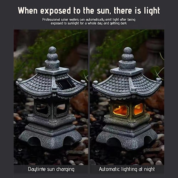 Solcellelys Udendørs Pagode Havefigur, Solcellefigur Havedekoration, Udendørs Havelygte, Led Havelys Med Simuleret Pagodeudsalg Gray Free Size