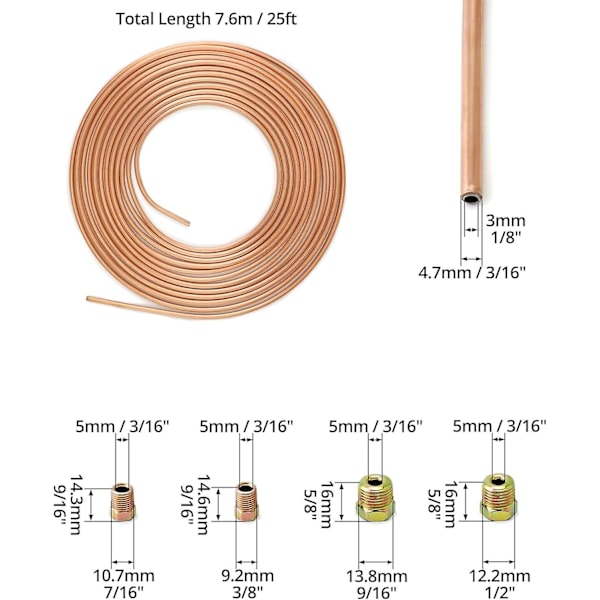 Koppar bromsrör 7,6 m, Bromsrör, OD 4,76 mm, ID 3,3 mm med 16 muttrar