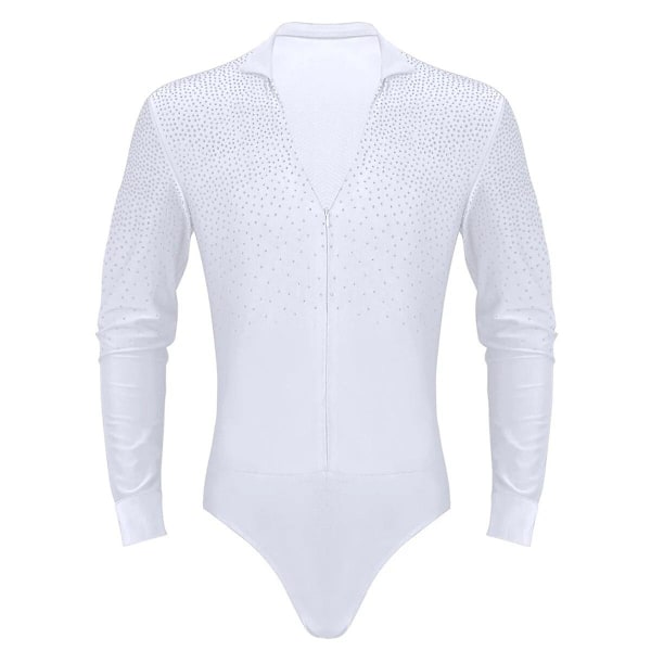 Glittrande V-ringad Latin Dance Gymnastik Leotard Bodysuit Skjorta Topp Man Ballroom Tango Rumba Danskläder Halloween Kostym Outfit M White