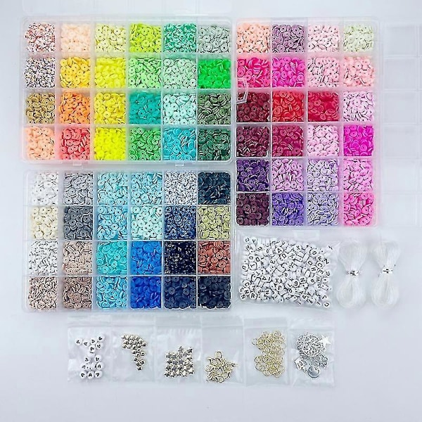 3000 stk Leireperler til Smykkeproduksjonsett, 24 Farger Spacer Heishi Perler Flat Rund Polymer Leireperler med Bokstavperler Smil