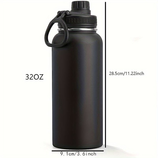 1 stk. 950 ml/32 oz Termisk Vandflaske i Rustfrit Stål, Lækagesikker Dobbeltvægget Vakuum Vandkop, Perfekt til Sport, Udendørsaktiviteter Black 32oz