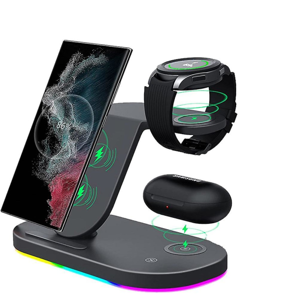 3 i 1 Android Trådløs Oplader Kompatibel med Samsung Enheder, Ladestation Kompatibel med Galaxy S22/s22+/s22 Ultra