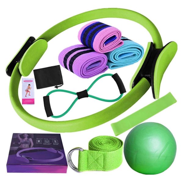 Jooga Fitness 11-osainen setti Pilates-välineet ja -tarvikkeet kotitreeneihin, rengas, vastuskuminauhat, pakaranauhat, joogapallo ja venytyshihnat Green