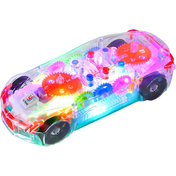 Läpinäkyvä leluauto näkyvillä värikkäillä liikkuvilla vaihteistoilla, valoilla ja äänillä Läpinäkyvä sähköinen leluauto Led-valotehosteilla (urheiluauto)