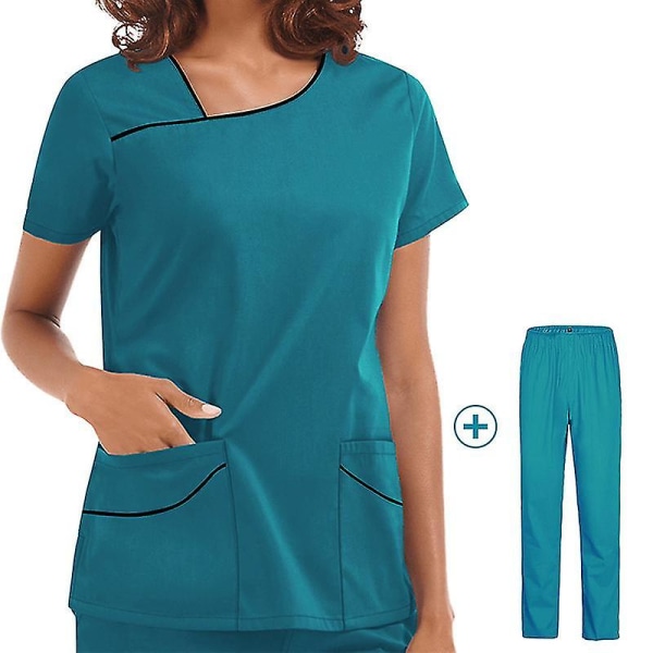 Doktor sjuksköterska uniformer kvinnor sjukhus arbetskläder blus kortärmade toppar byxor Set Lake Blue XL