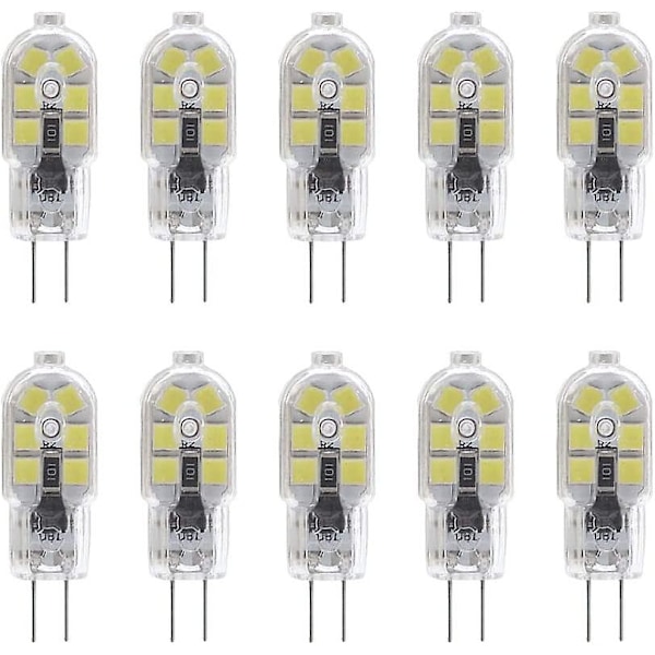 10-pack G4 2W LED-lampa för köksfläktlampor, AC/DC 12V, motsvarar 20W halogenlampor, 200lm, Bi-pin med klar PVC-kåpa, kallvit 6000K, ej dimbar