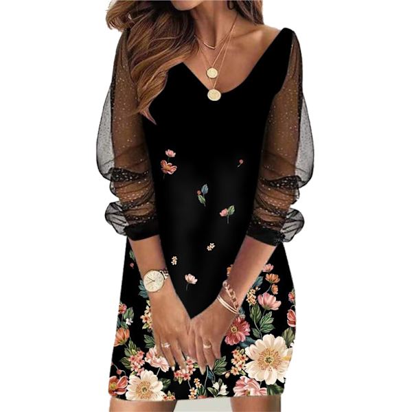 Damekjole med pailletter, gennemsigtig mesh, lange ærmer, V-hals, korte kjoler little love 3xl