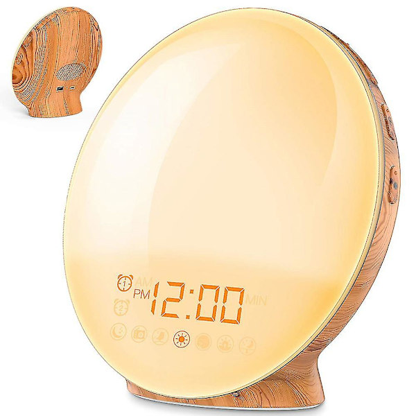 LED-lys vækkeur med solopgangsimulering, søvnstøtte, FM-radio og snooze-funktion til soveværelset Wood Grain