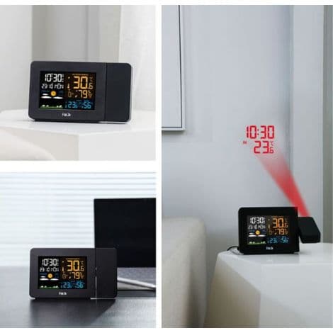 Trådlös väderstation Termometer Hygrometer med sensor, Projektionsväderklocka, Inomhus/Utomhus termometer med RCC radiokontroll, Dubbla larm