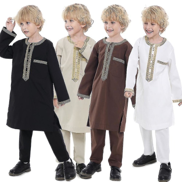 Barns pojke muslimska kläder Kaftan Outfit Set - Mellanöstern Barn Broderad dräkt Kostym Rundhalsad Islamisk Klänning Arabisk Klädsel Beige 14-15Years