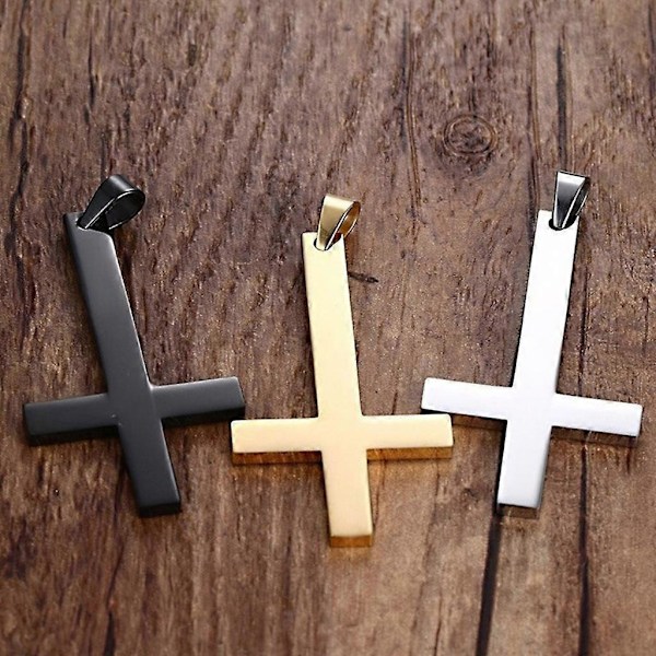 Halsband i rostfritt stål med upp och ner-vänt kors, amulett, överraskningspresent till pojkar och män Black