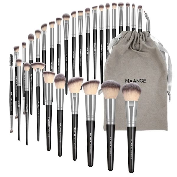 30st Professional Makeup Brush Set Foundation Concealers Ögonskuggor Powder Blush Blending Borstar Skönhetsverktyg med påse Black Silver