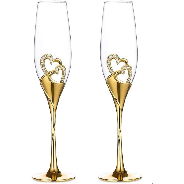 2-delade Creative Champagneglasögon Set Bröllopshjärta Bröllopschampagnepresenter, GoldBY