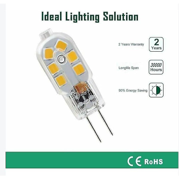 12v G4 LED Pære, 1w svarende til 10w Halogenlampe, Varmt Hvidt 2700-3200k, Ikke-dimbar, Pakke med 10