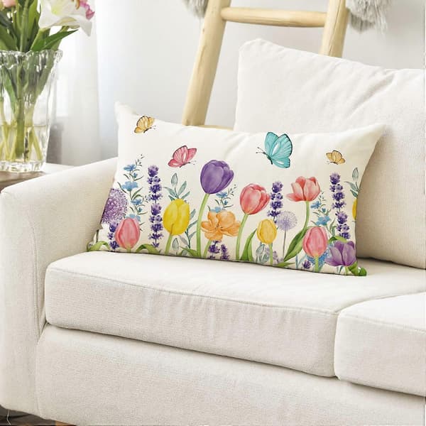 Forårsblomster Tulipan Lavendel Eukalyptus Sommerfugl Pyntepudebetræk, 12 x 20