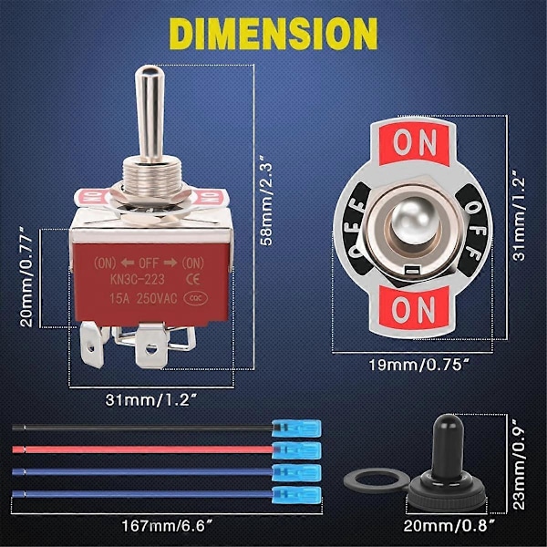 4-polet Vendt Polaritet Toggle Switch 2 stk. 12V Momentan Vippekontakt 30A Til/Fra Til DPDT 3 Positioner Vandafvisende Støvkappe