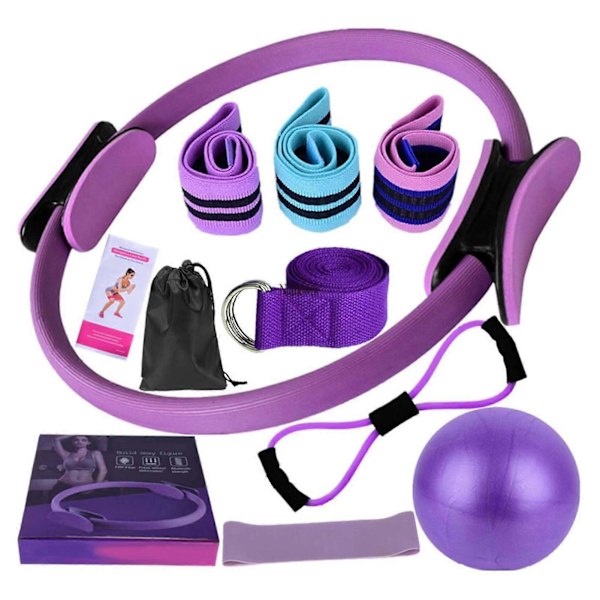 Jooga Fitness 11-osainen setti Pilates-välineet ja -tarvikkeet kotitreeneihin, rengas, vastuskuminauhat, pakaranauhat, joogapallo ja venytyshihnat Purple