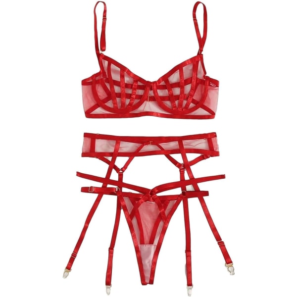 osy Seksikäs Underwire Värikäs Kawaii Söpö Läpinäkyvä Garter-vyö Alusvaatesetti Rintaliivit ja Alushousut 3 osaa Nauhamainen Punainen Iso