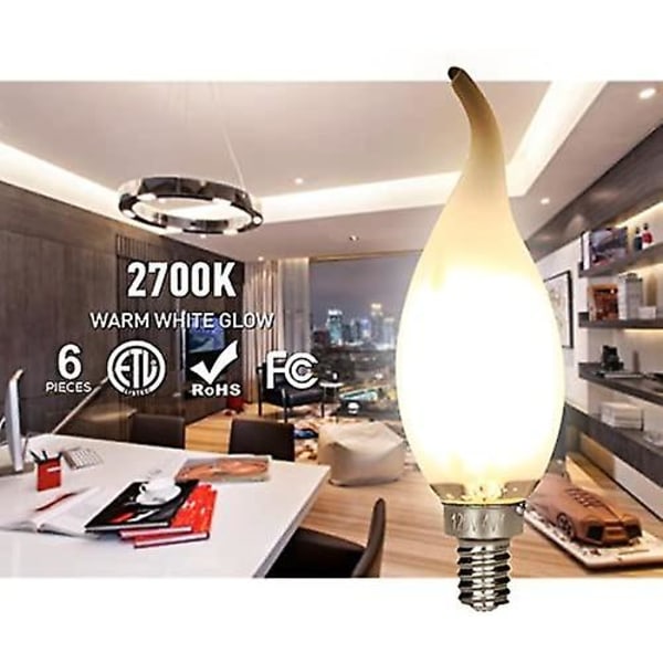 6 stk. E14 4W LED-glødetrådspære, flammeformet lampe 4x4x13cm