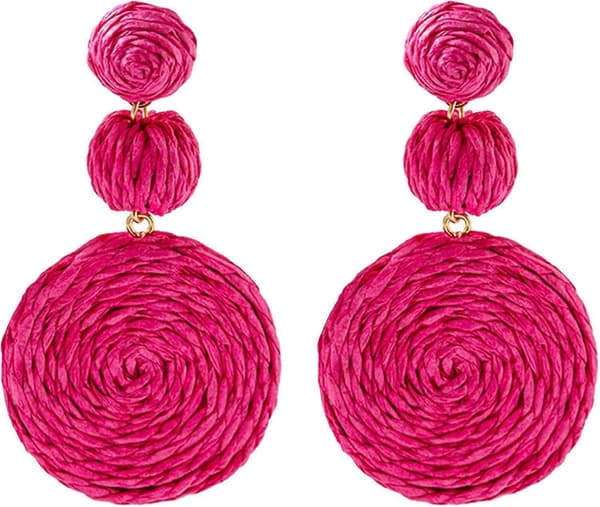 Blå raffia-øredobber for kvinner, store statement-øredobber, knallrosa dinglende øredobber