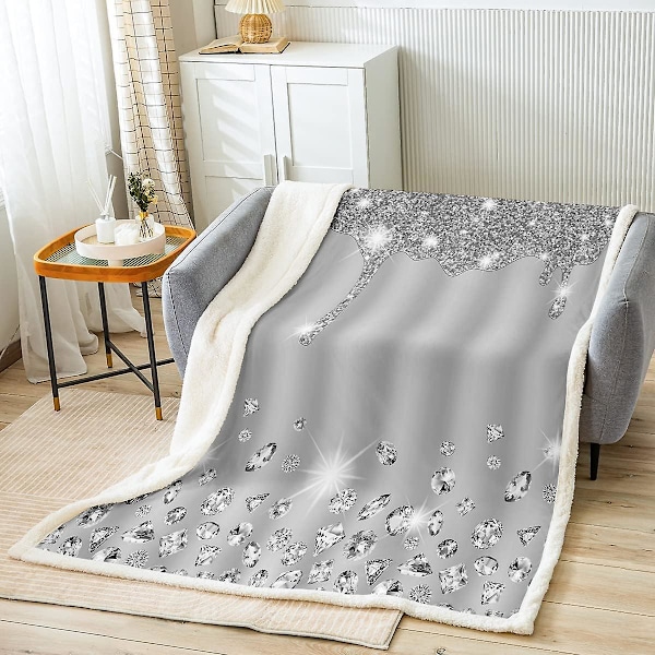 Sølv Glitter Kast Teppe (Ingen Glitter) Blingations Grå Pluss Teppe for Seng Sofa Barn Diamant Smykker Sherpa Teppe Pustende Varmt Fuzzy Blanke 50x40in 125x100cm