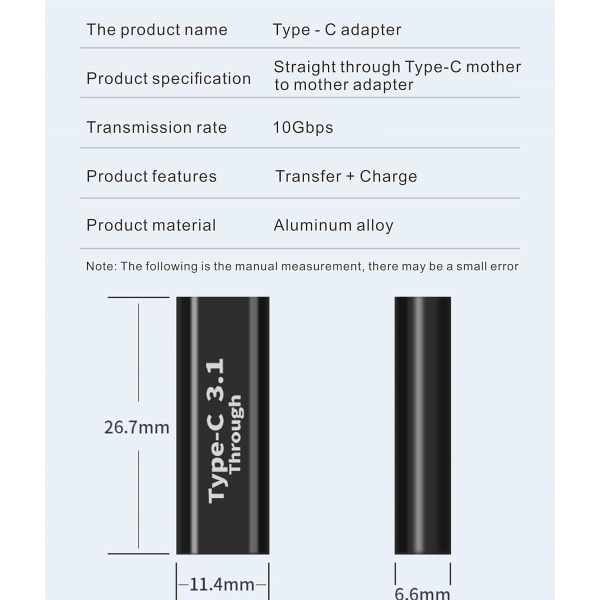 USB-C hona-till-hona adaptrar (2 st), stödjer snabbladdning och dataöverföringsexpansion, 10 Gbps hastighet