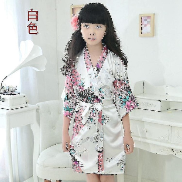 Barn Barn Satin Silke Robe Kimono Brudtärna Nattklänning Klänning Morgonrock A White 12 140cm