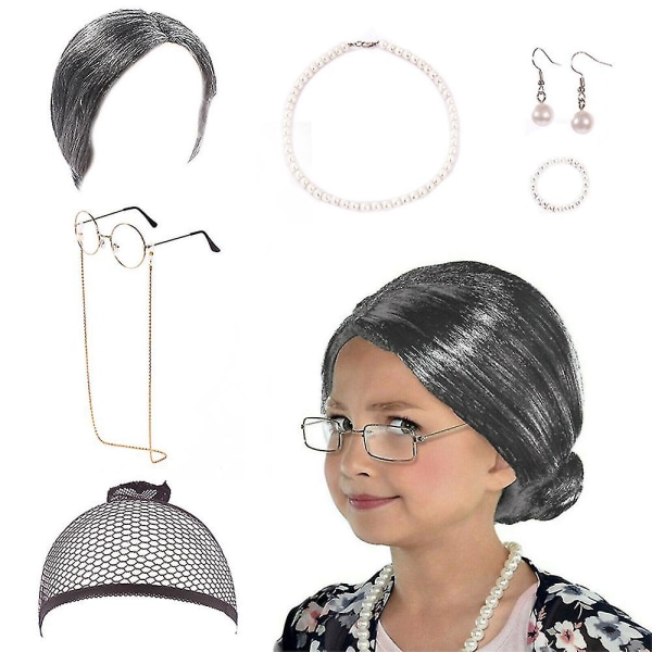 7-delars Grandma Gammal Dam Klä upp Set Mormor Kostym Peruk Vuxen Barn Halloween Maskerad Cosplay Fest Häxa Dekoration Evenemang [DmS] Light Silver Afro