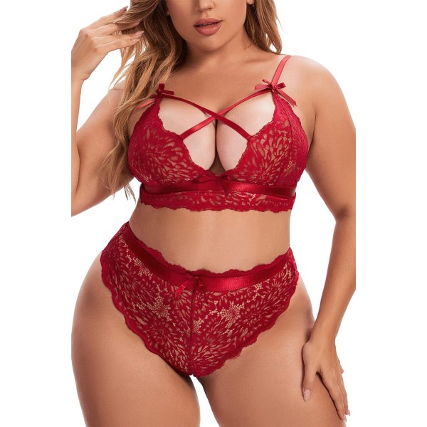 nmei Plus Size Lingerie Set för Kvinnor Högmidjad BH och Trosset Sexig Korsad Spets Bralette Set 2-delad Underkläder Vinröd XX-Large