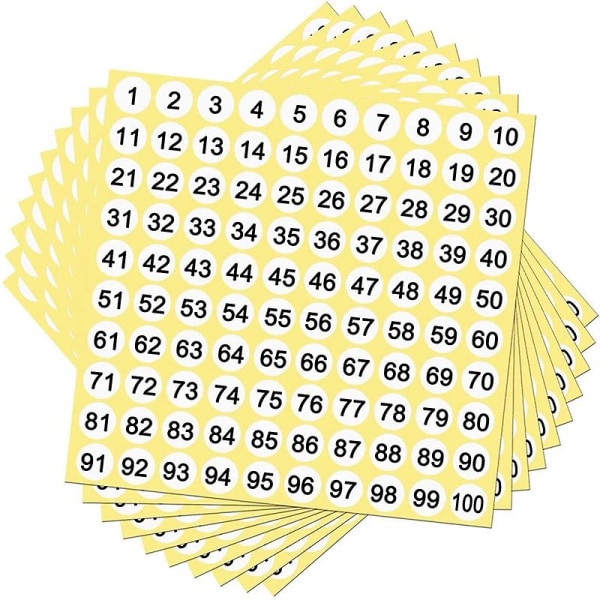 100 ark nummeretiketter klistermärken 1-100 siffror runda klistermärken 0,4 tum litet självhäftande nummer Whiteblackyellow