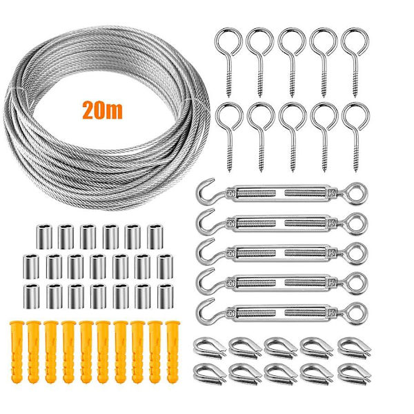 304 Rostfritt Stål Repupphängningsset, Rostfritt Stål Rep, PVC Stål Repspännare, för Tältrep, Tvättlina, Utomhus Chandelier, Trädgård (20m)BY