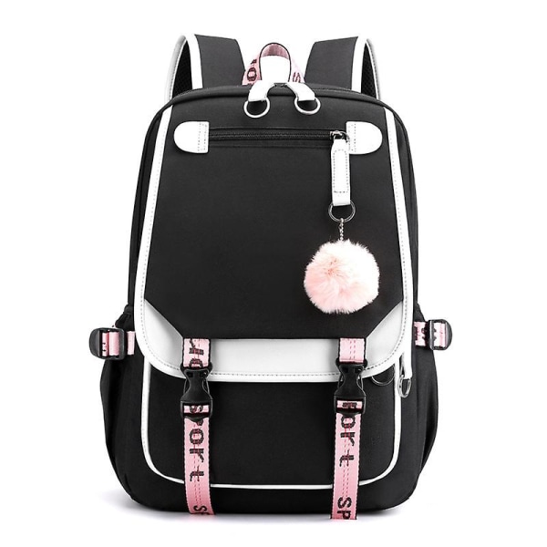 Leisure Backpack Travel Bag Student School Bag, Black with white fur ball