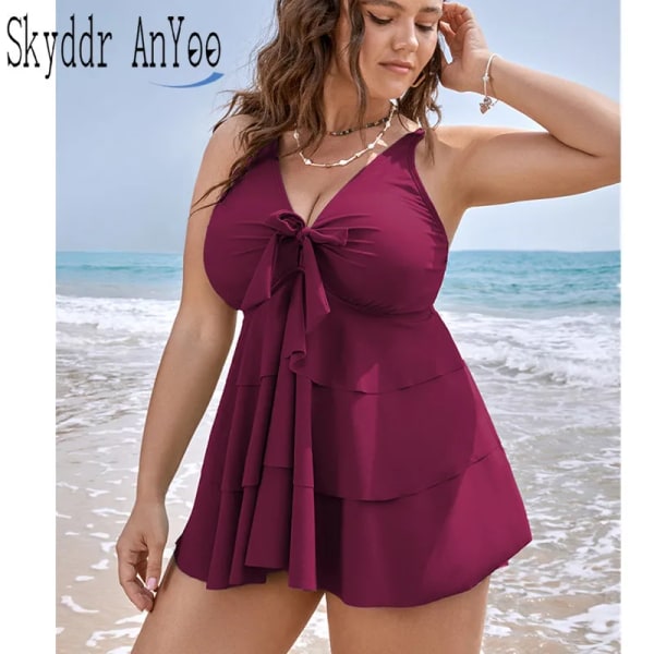 2024 Plus Size Tvådelad Tankini Set Kvinna Baddräkt Knuten Fram Ruffle Simklänning Bukkontroll Chubby Badkläder 2 Delar Wine Red 4XL