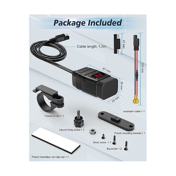 Moottoripyörän puhelinlaturi, kaksi USB-liitäntää, Type-C PD ja Quick Charge 3.0, jännitemittari [DB]