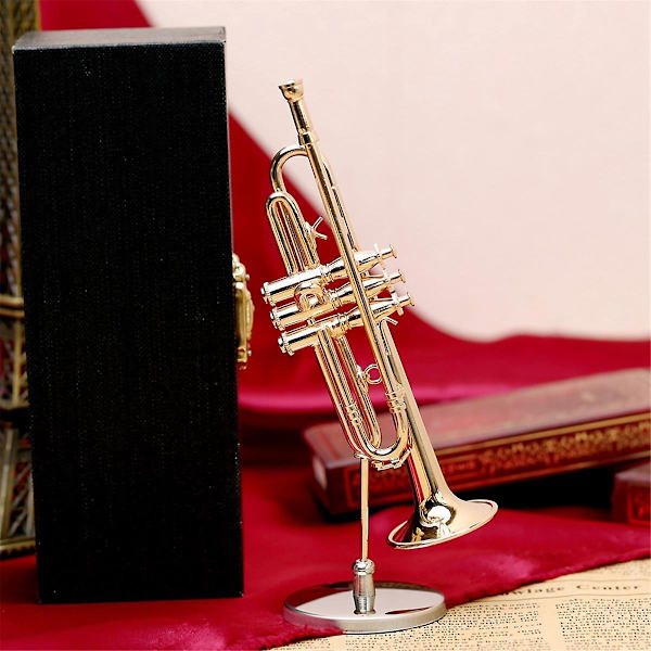 Miniatyr Trompet i Kobber med Stativ og Etui Mini Musikk Instrument Miniatyr Replika Modell Mini T As Shown