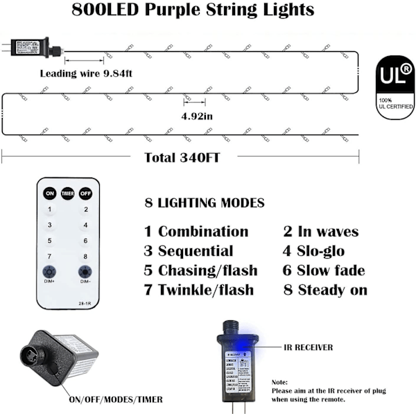 Lila Stringljus, 800 LED 100m Lila Stringljus 8 Ljuslägen Timer Plug In Vattentät Inomhus Utomhus Lila Julbelysning För Halloween Jul Trädgård