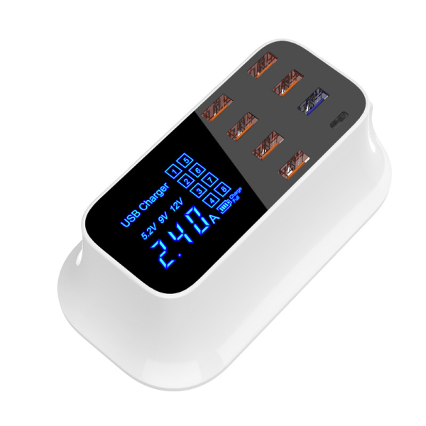 USB-lader, 8-porters skrivebordsladestasjon med Quick Charge 3.0 USB-port, Type-C-port og LCD-skjerm