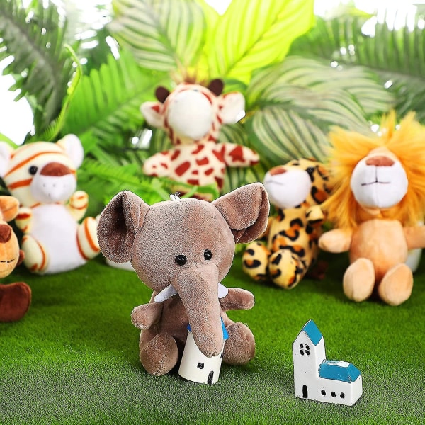 12 stycken Mini Fyllda Djungeldjur Plyschleksaker i 12 cm Söta Plysch Elefant Lejon Giraff Tiger Plysch för Djurtemafester